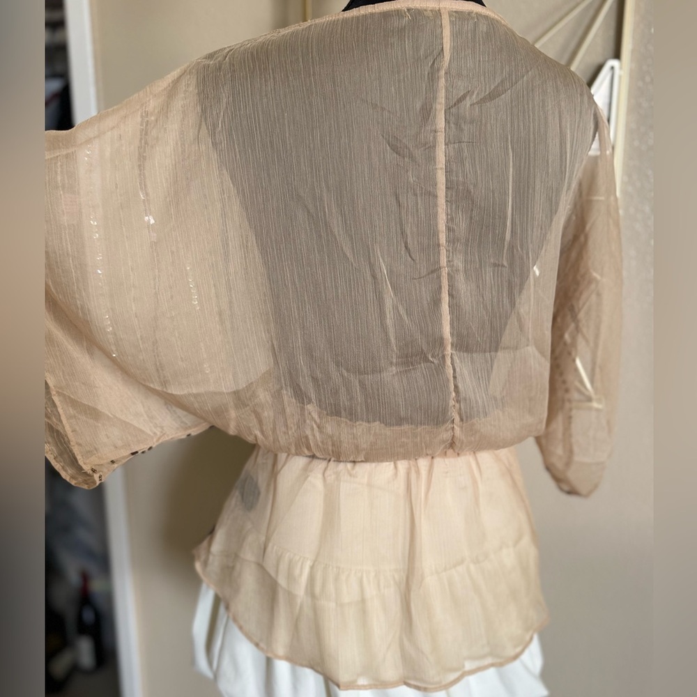Y2K Beaded Sheer Batwing Blouse Champagne Gold | New Without Tags | Size S - Picture 7 of 14